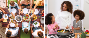 families prepping and eating a meal