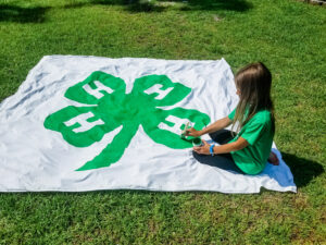 Girl sitting on a white sheet with green 4-H clover printed on it.