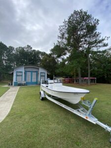 Photo of a small boat on a trailer.