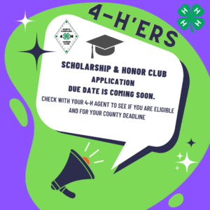 4-H'ers Scholarship & Honor Club Application Due Date is Coming Soon. Check with your 4-H agent to see if you are Eligible and for your county deadline.